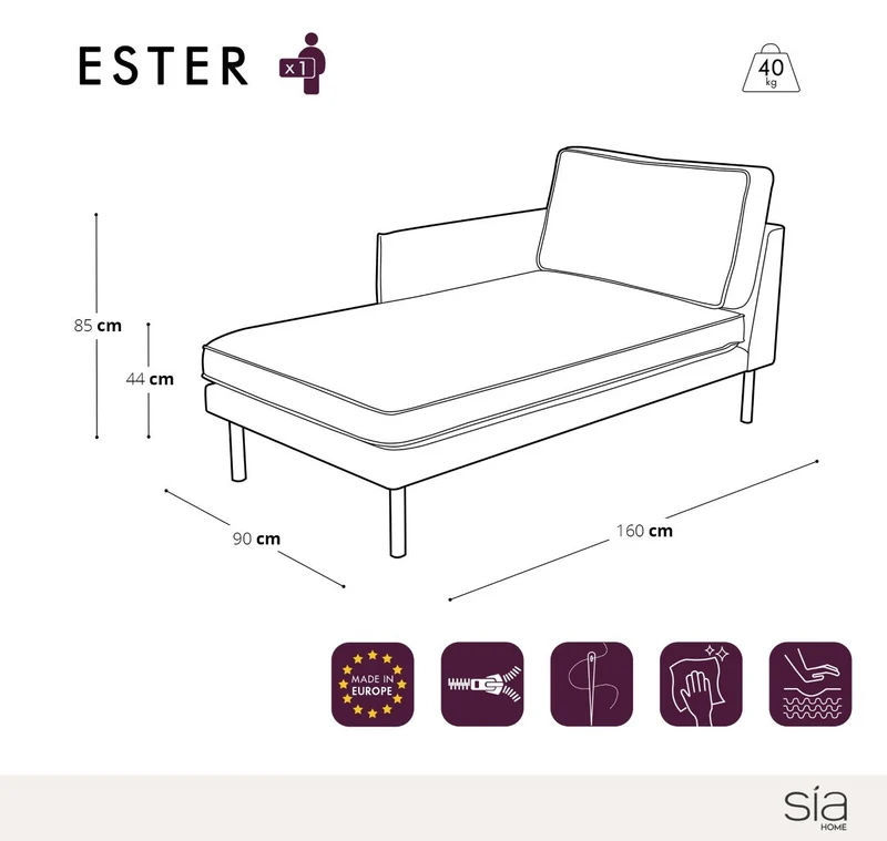 Méridienne gauche ESTER Velours et passepoil velours