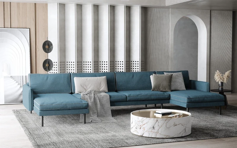 Canapé U panoramique ESTER Tissu tramé et passepoil velours
