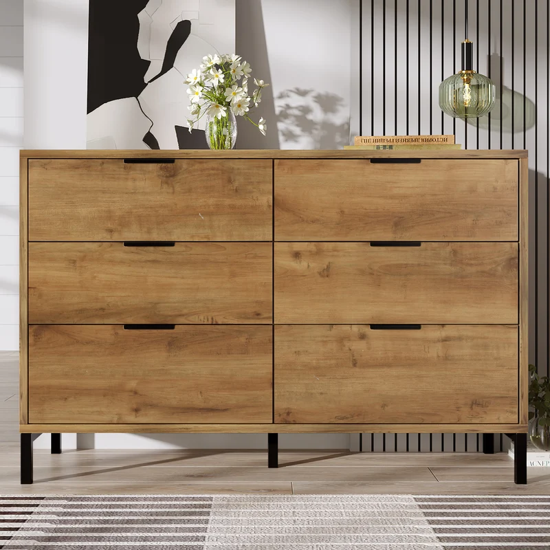 Buffet effet bois chêne foncé 6 tiroirs 120x40x76cm CRENGRIK