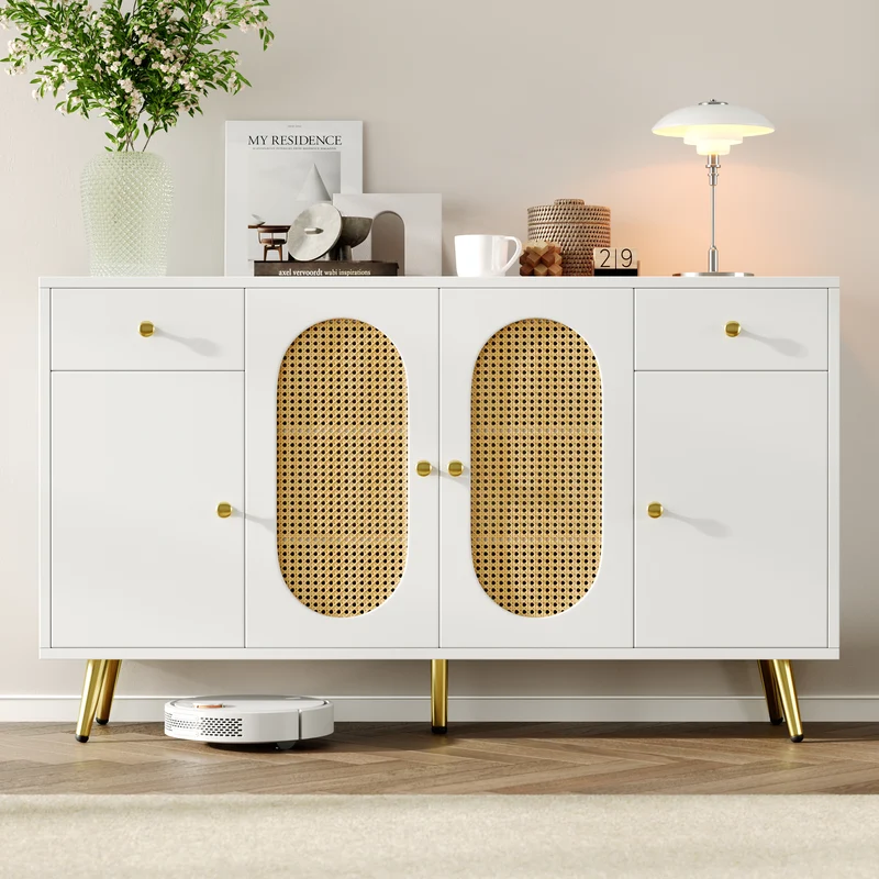 Buffet blanc rotin 2 tiroirs 4 portes 140x35x82cm HALOORA