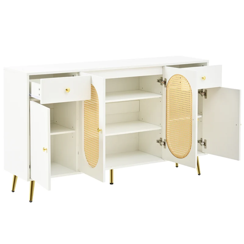 Buffet blanc rotin 2 tiroirs 4 portes 140x35x82cm HALOORA