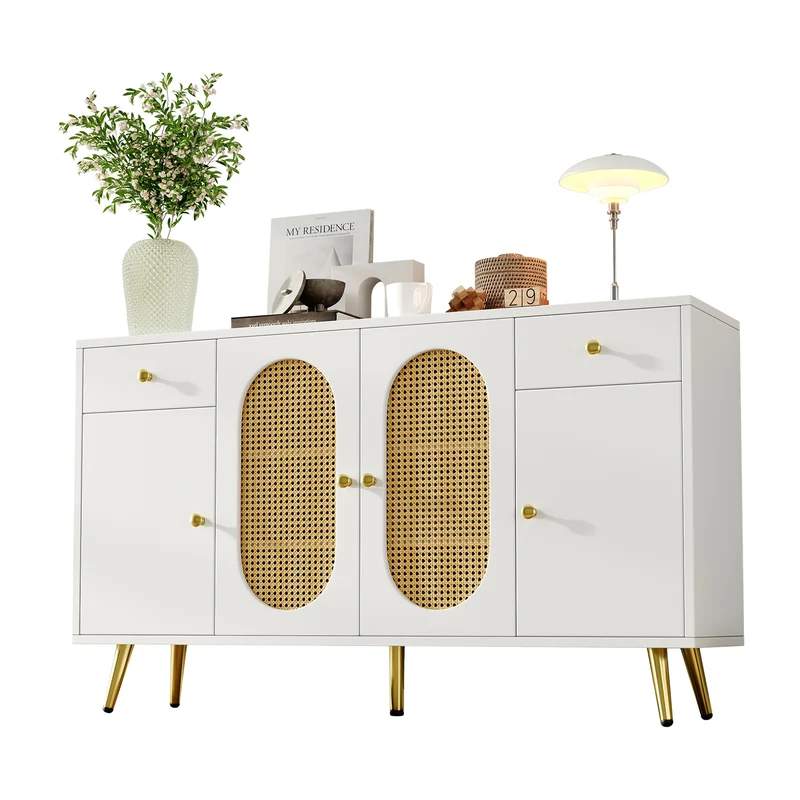 Buffet blanc rotin 2 tiroirs 4 portes 140x35x82cm HALOORA