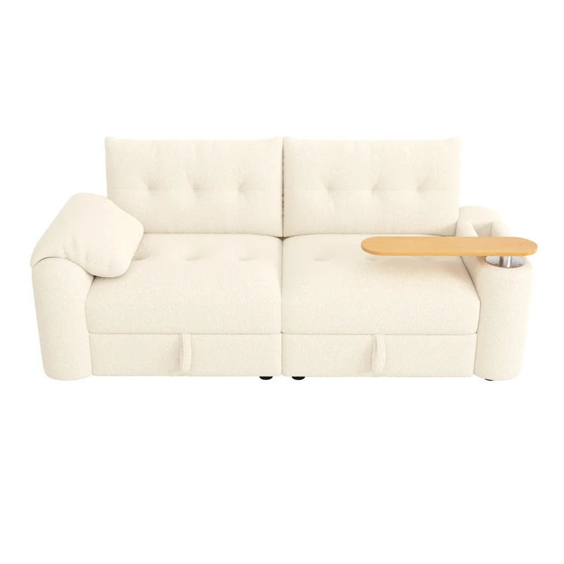 Canapé modulable 2-3 places en bouclé beige avec coffre de rangement et tablette pivotante MYSTICLAM