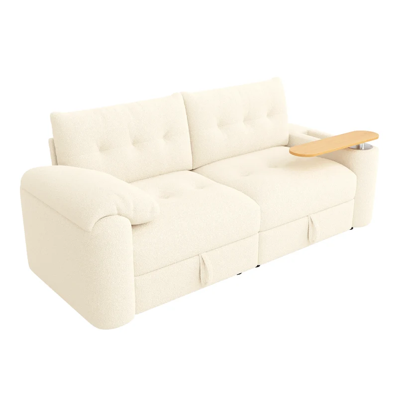 Canapé modulable 2-3 places en bouclé beige avec coffre de rangement et tablette pivotante MYSTICLAM