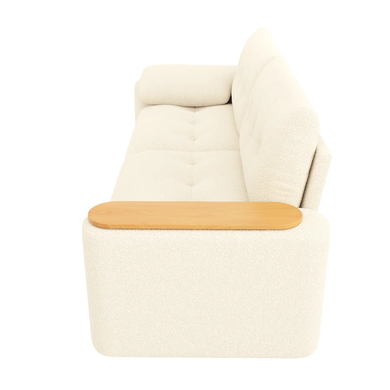 Canapé modulable 2-3 places en bouclé beige avec coffre de rangement et tablette pivotante MYSTICLAM