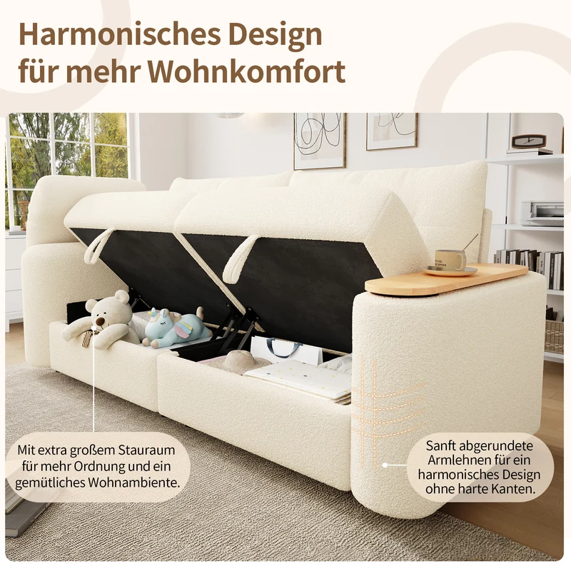 Canapé modulable 2-3 places en bouclé beige avec coffre de rangement et tablette pivotante MYSTICLAM
