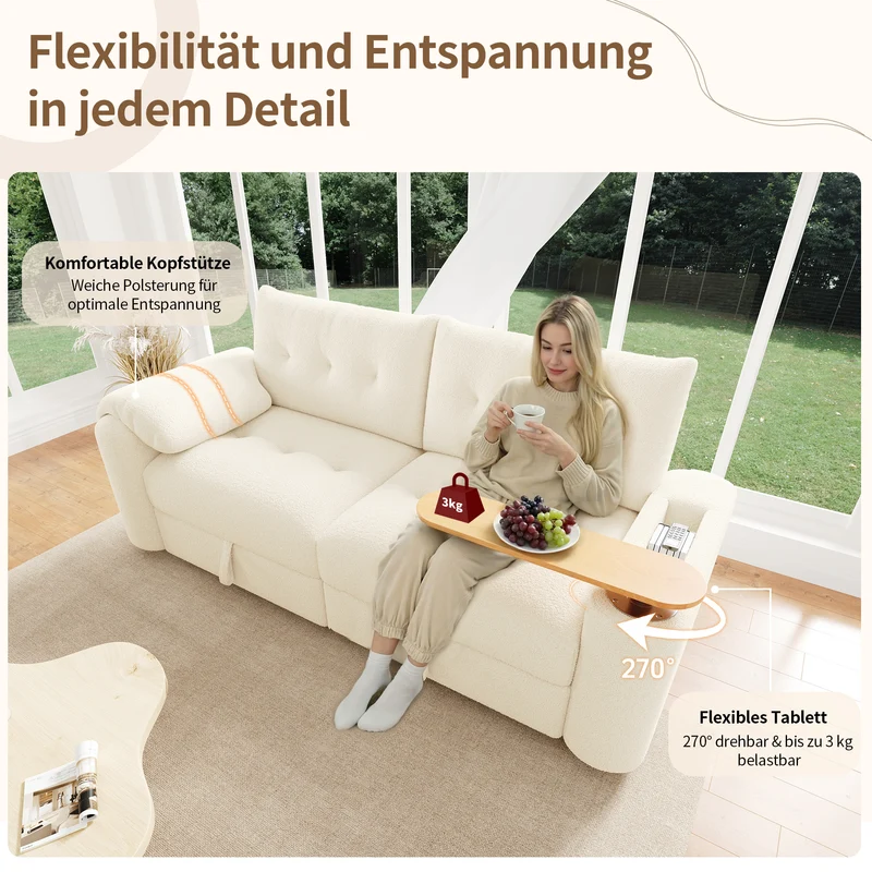 Canapé modulable 2-3 places en bouclé beige avec coffre de rangement et tablette pivotante MYSTICLAM