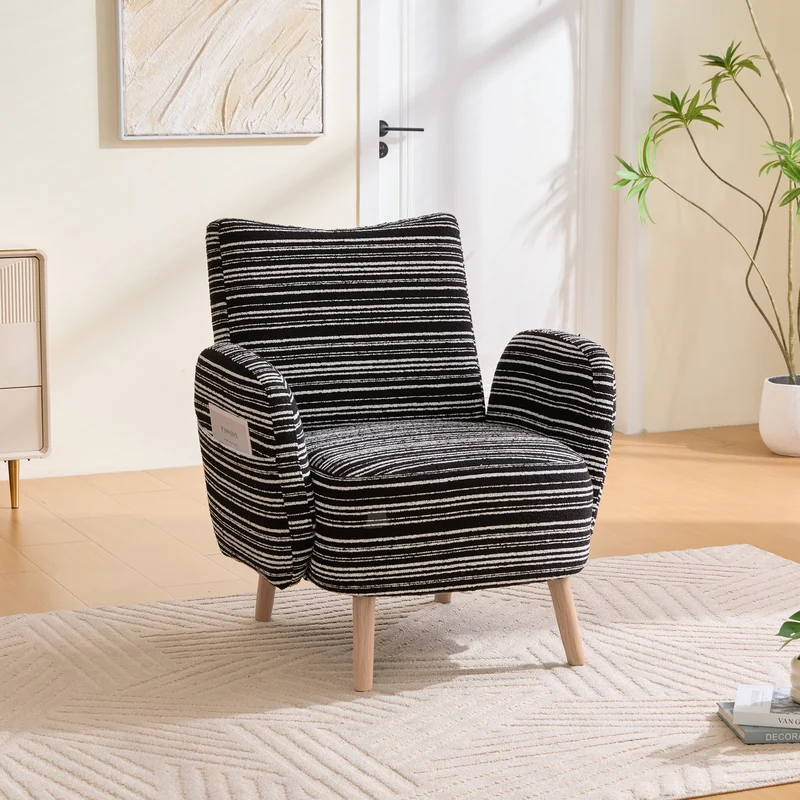 Fauteuil vintage en tissu bouclé rayures noir et blanc EMBERRO