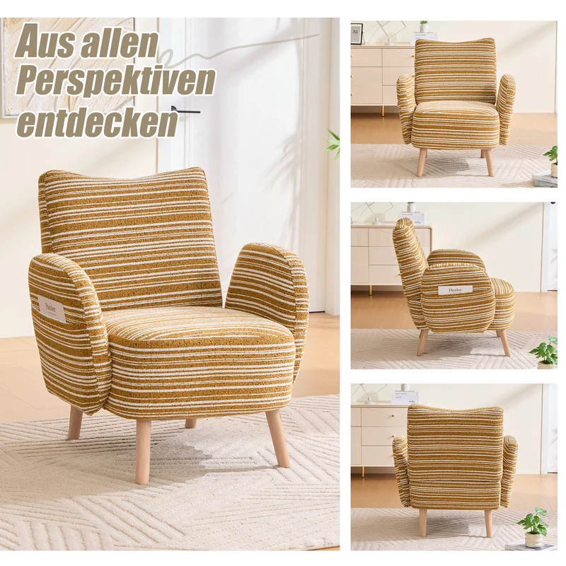 Fauteuil vintage en tissu bouclé rayures jaune moutarde et blanc EMBERELL
