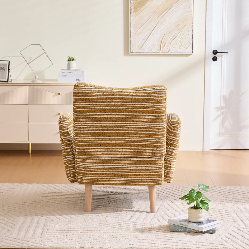 Fauteuil vintage en tissu bouclé rayures jaune moutarde et blanc EMBERELL