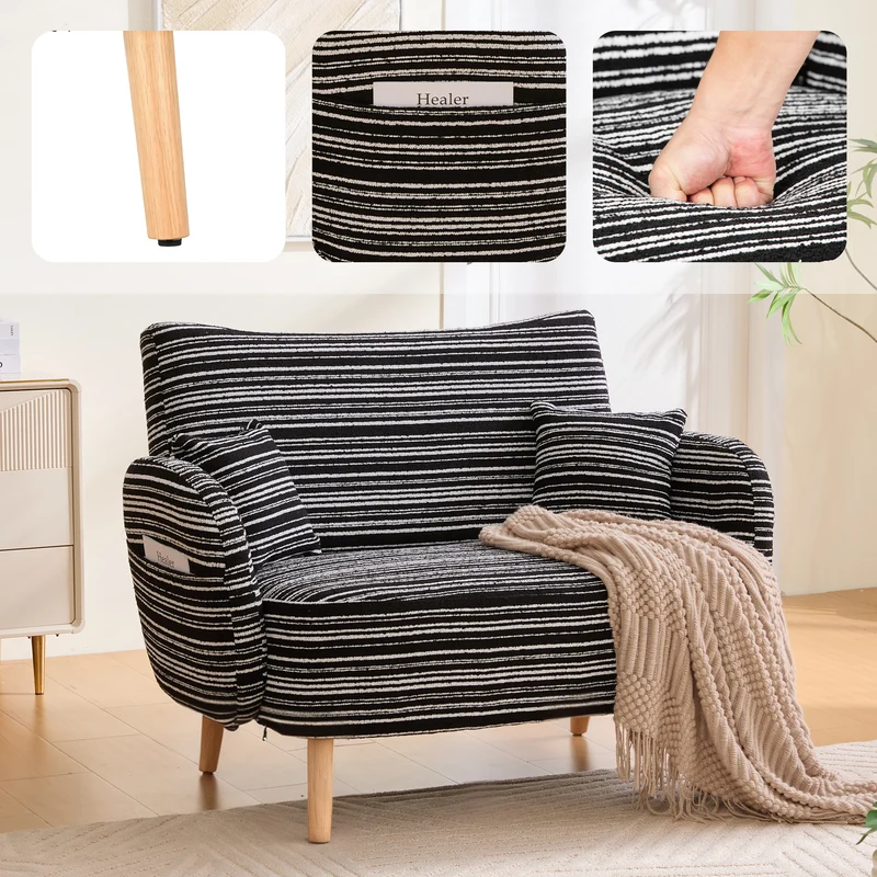 Canapé 2 places en bouclette rayures noir et blanc et coussins 121x81,5x87cm LATTICEIC
