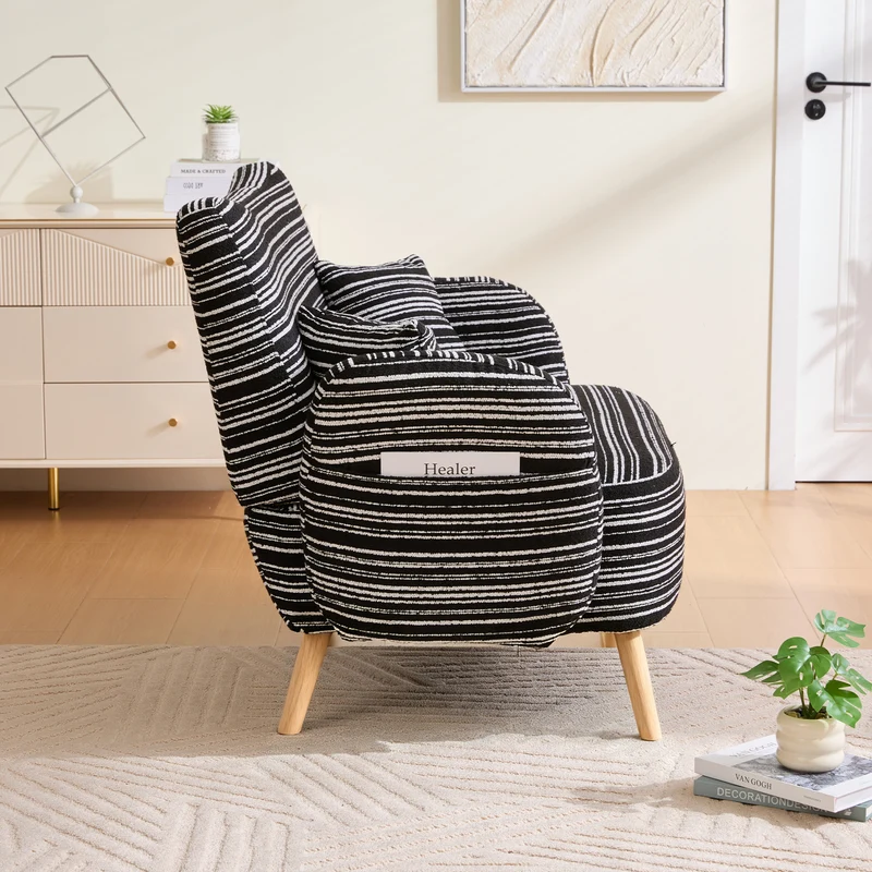 Canapé 2 places en bouclette rayures noir et blanc et coussins 121x81,5x87cm LATTICEIC
