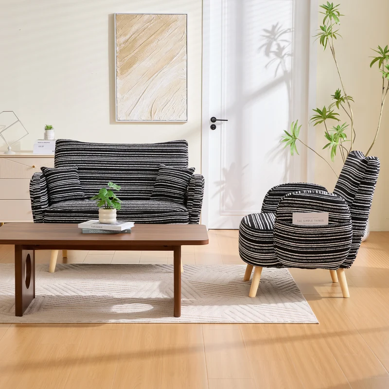 Canapé 2 places en bouclette rayures noir et blanc et coussins 121x81,5x87cm LATTICEIC