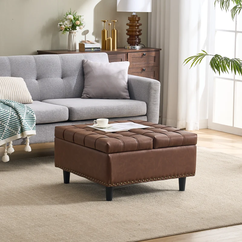 Pouf carré capitonné rangement en similicuir marron avec plateau relevable 75 x 75 x 41 cm CLARITYERA