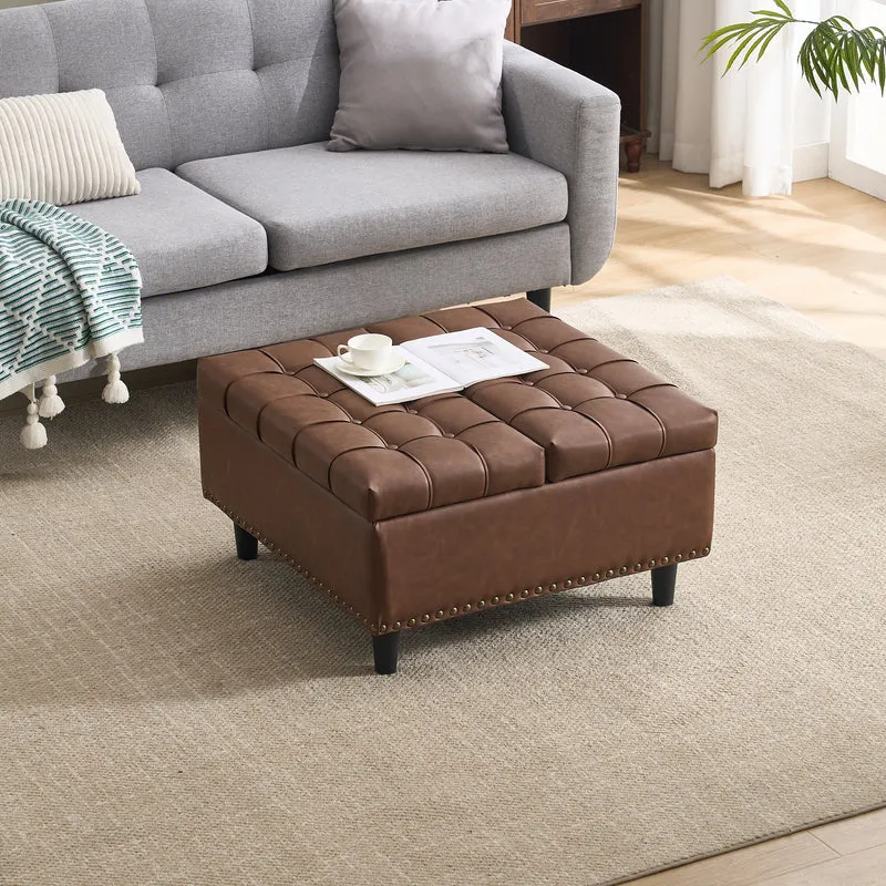 Pouf carré capitonné rangement en similicuir marron avec plateau relevable 75 x 75 x 41 cm CLARITYERA