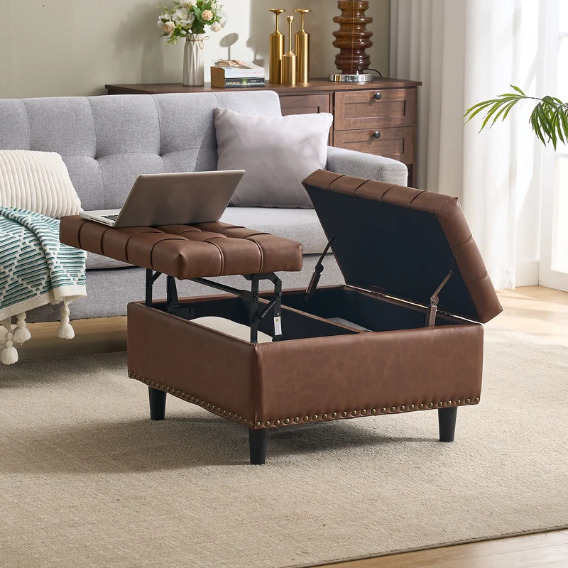 Pouf carré capitonné rangement en similicuir marron avec plateau relevable 75 x 75 x 41 cm CLARITYERA