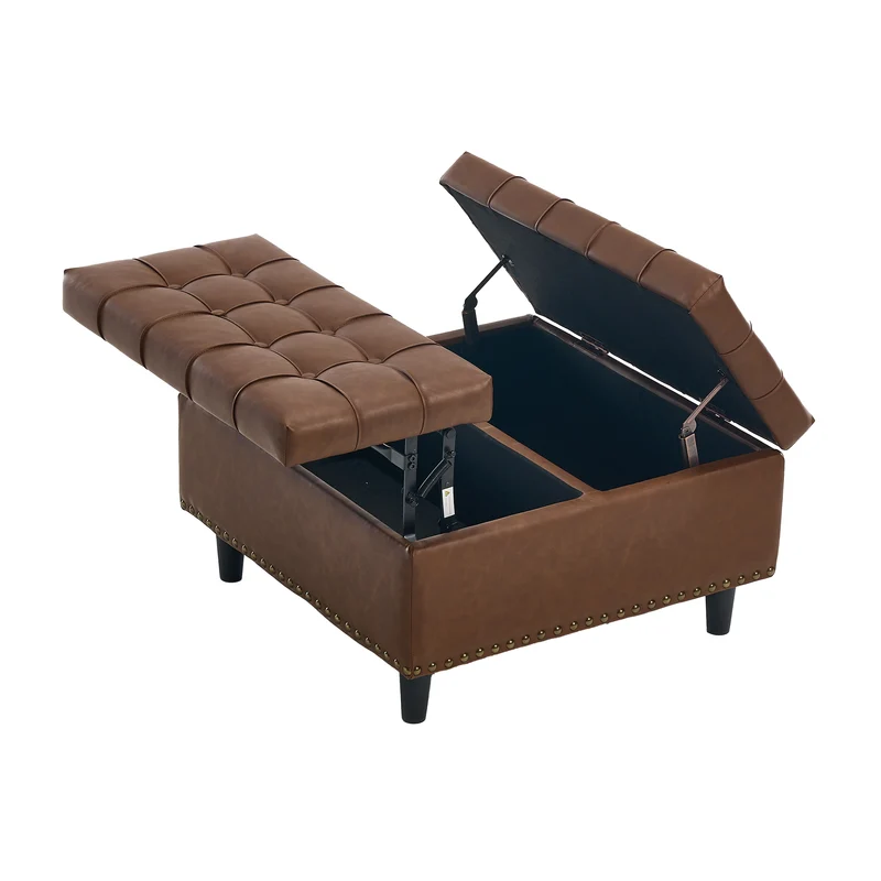 Pouf carré capitonné rangement en similicuir marron avec plateau relevable 75 x 75 x 41 cm CLARITYERA