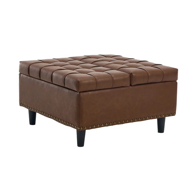 Pouf carré capitonné rangement en similicuir marron avec plateau relevable 75 x 75 x 41 cm CLARITYERA