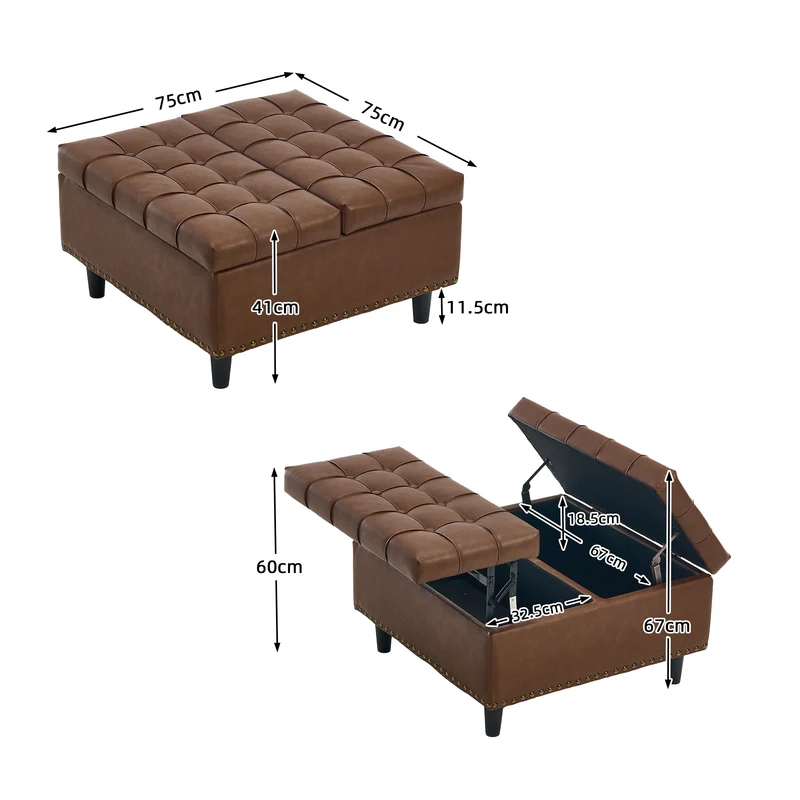 Pouf carré capitonné rangement en similicuir marron avec plateau relevable 75 x 75 x 41 cm CLARITYERA