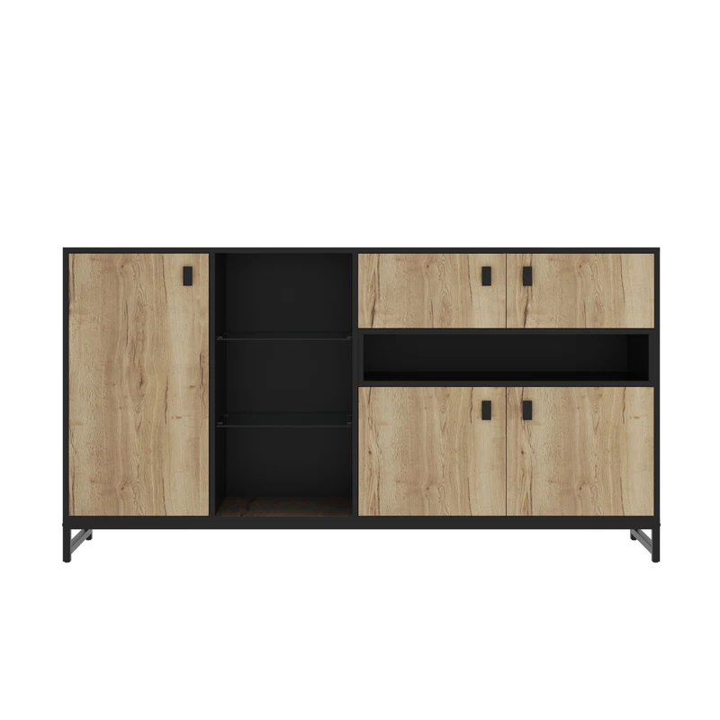 Buffet industriel effet bois et noir, verre trempée, éclairage LED 160x40x84,5cm NOBLEION
