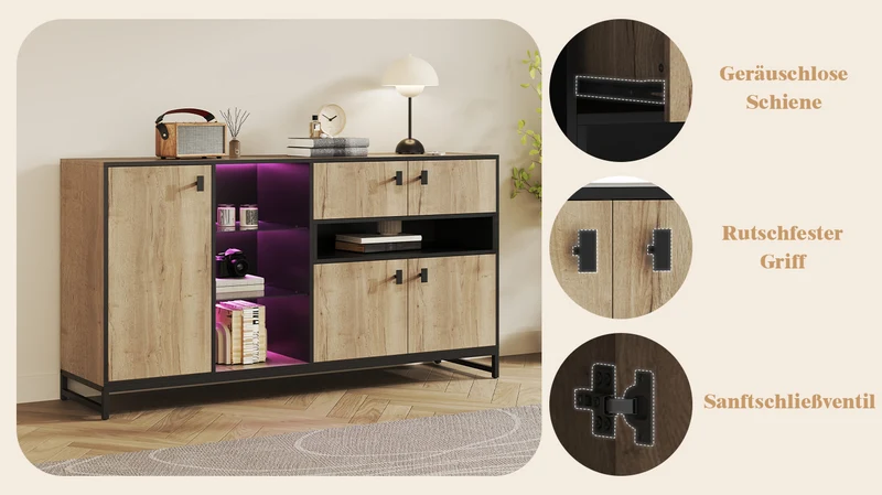 Buffet industriel effet bois et noir, verre trempée, éclairage LED 160x40x84,5cm NOBLEION