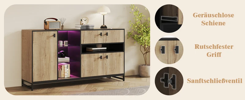 Buffet industriel effet bois et noir, verre trempée, éclairage LED 160x40x84,5cm NOBLEION