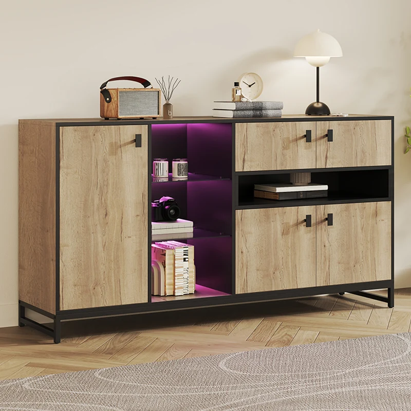 Buffet industriel effet bois et noir, verre trempée, éclairage LED 160x40x84,5cm NOBLEION