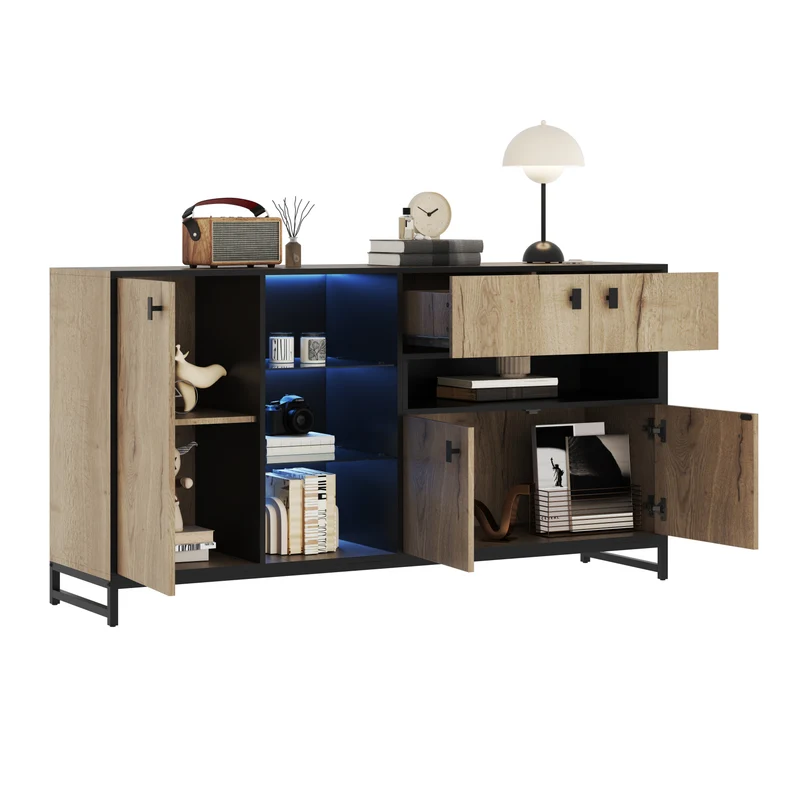 Buffet industriel effet bois et noir, verre trempée, éclairage LED 160x40x84,5cm NOBLEION