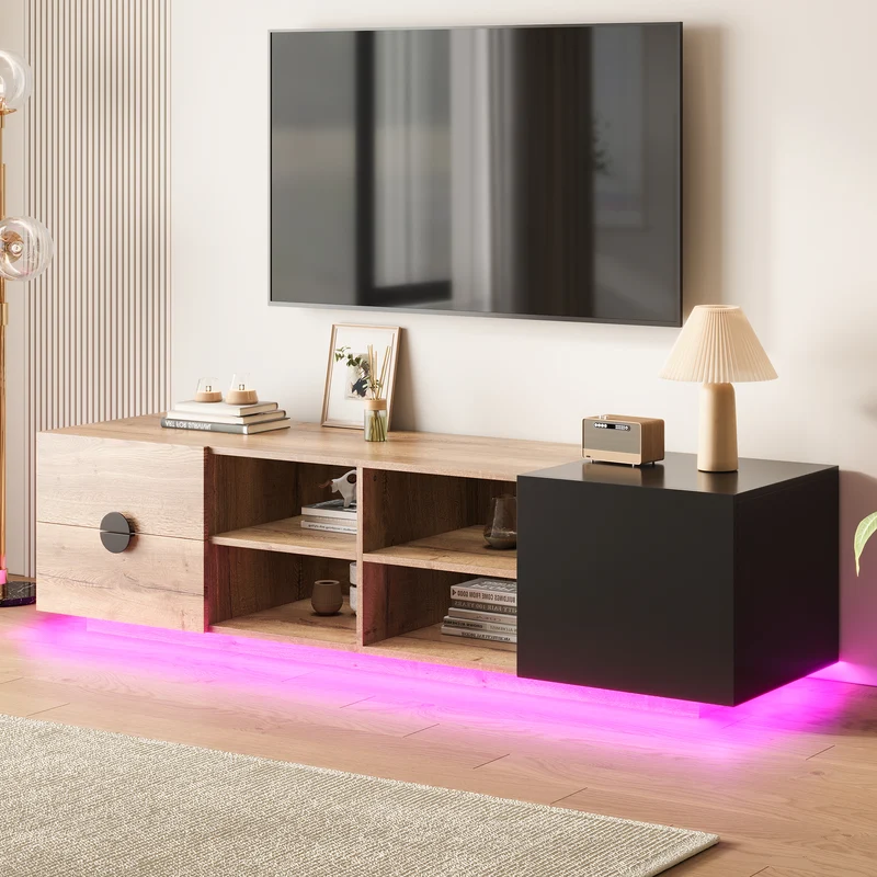 Meuble TV effet bois et noir avec élcairage LED 180x38,5x47cm PINNACLEE