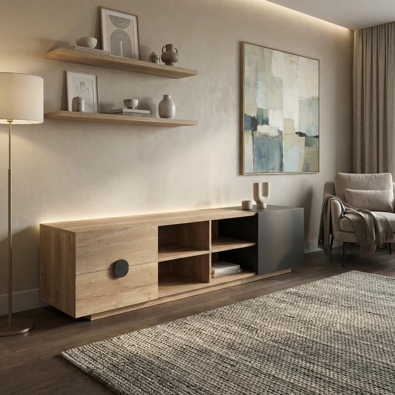 Meuble TV effet bois et noir avec élcairage LED 180x38,5x47cm PINNACLEE