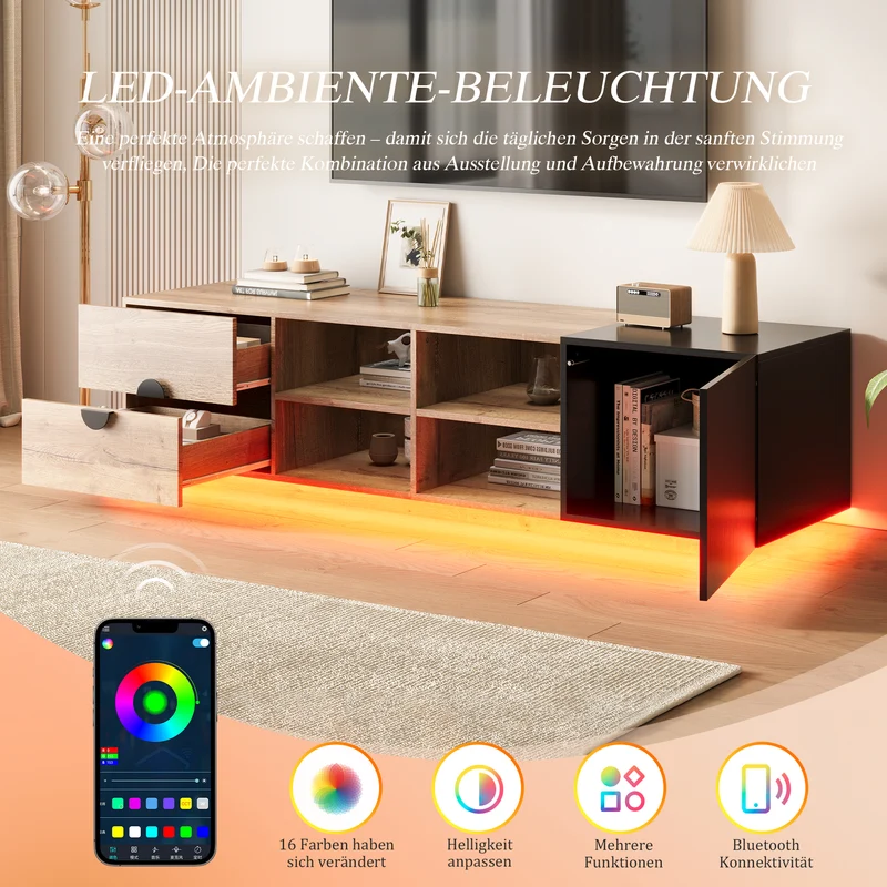 Meuble TV effet bois et noir avec élcairage LED 180x38,5x47cm PINNACLEE