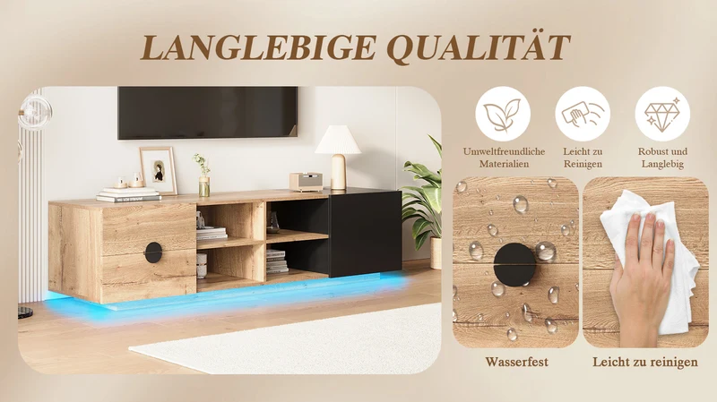 Meuble TV effet bois et noir avec élcairage LED 180x38,5x47cm PINNACLEE
