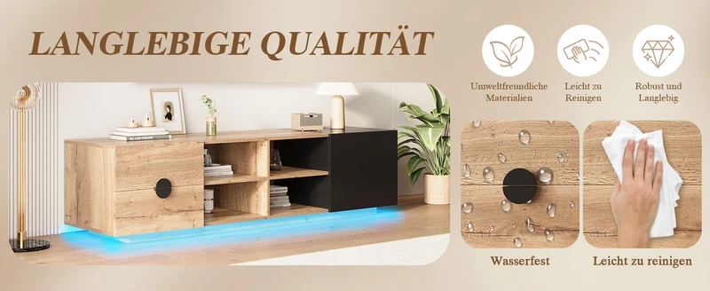 Meuble TV effet bois et noir avec élcairage LED 180x38,5x47cm PINNACLEE