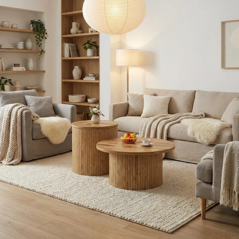 Ensemble de 2 tables basses rondes effet bois naturel base à tasseaux NIMBUSIS