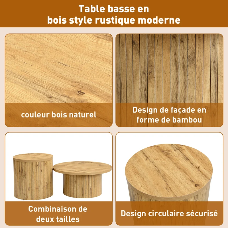 Ensemble de 2 tables basses rondes effet bois naturel base à tasseaux NIMBUSIS