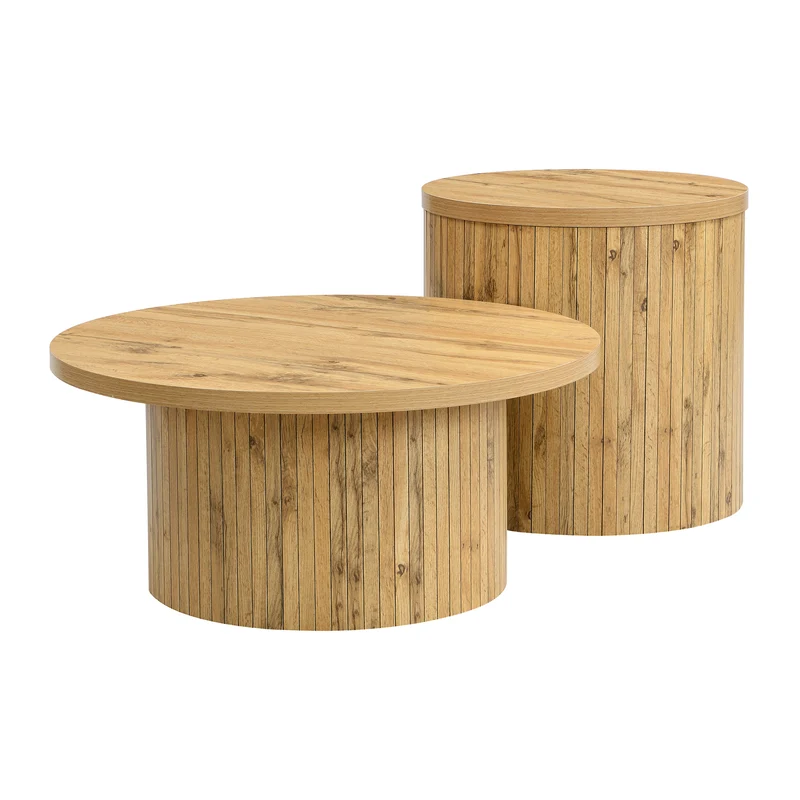 Ensemble de 2 tables basses rondes effet bois naturel base à tasseaux NIMBUSIS
