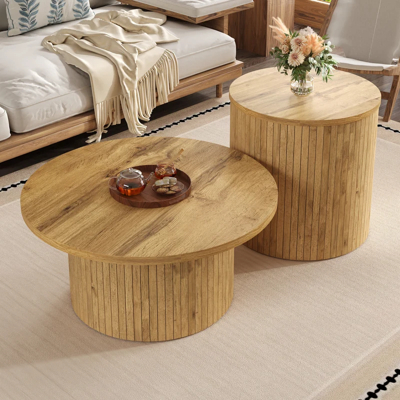 Ensemble de 2 tables basses rondes effet bois naturel base à tasseaux NIMBUSIS