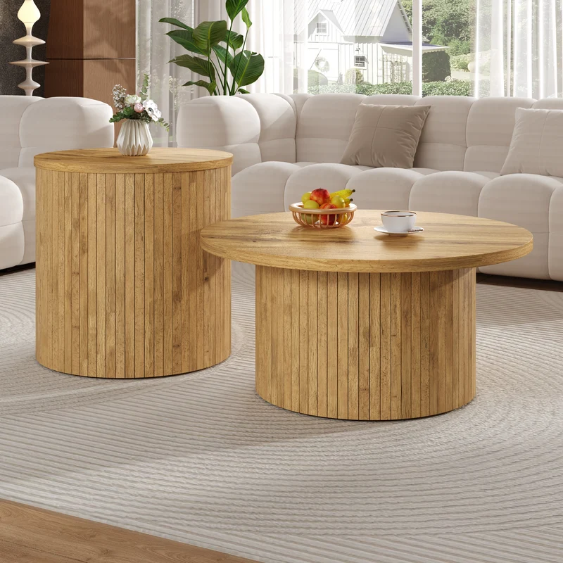 Ensemble de 2 tables basses rondes effet bois naturel base à tasseaux NIMBUSIS