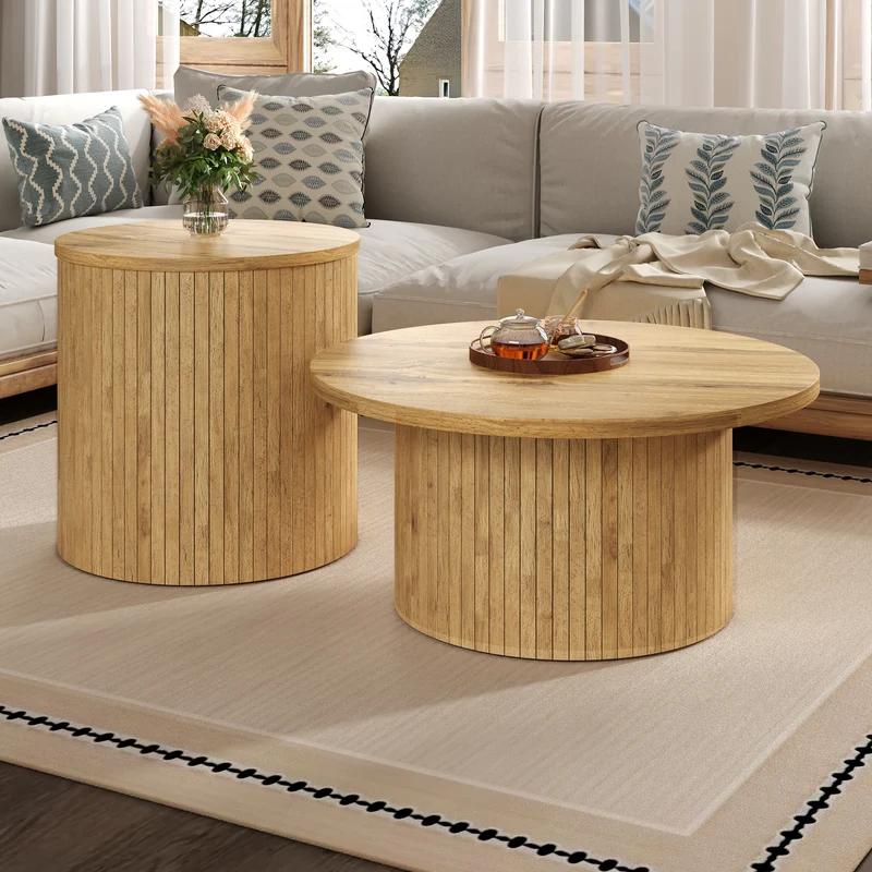 Ensemble de 2 tables basses rondes effet bois naturel base à tasseaux NIMBUSIS