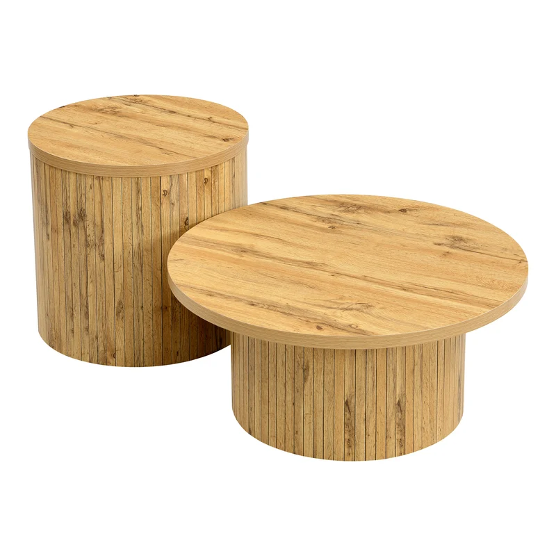Ensemble de 2 tables basses rondes effet bois naturel base à tasseaux NIMBUSIS