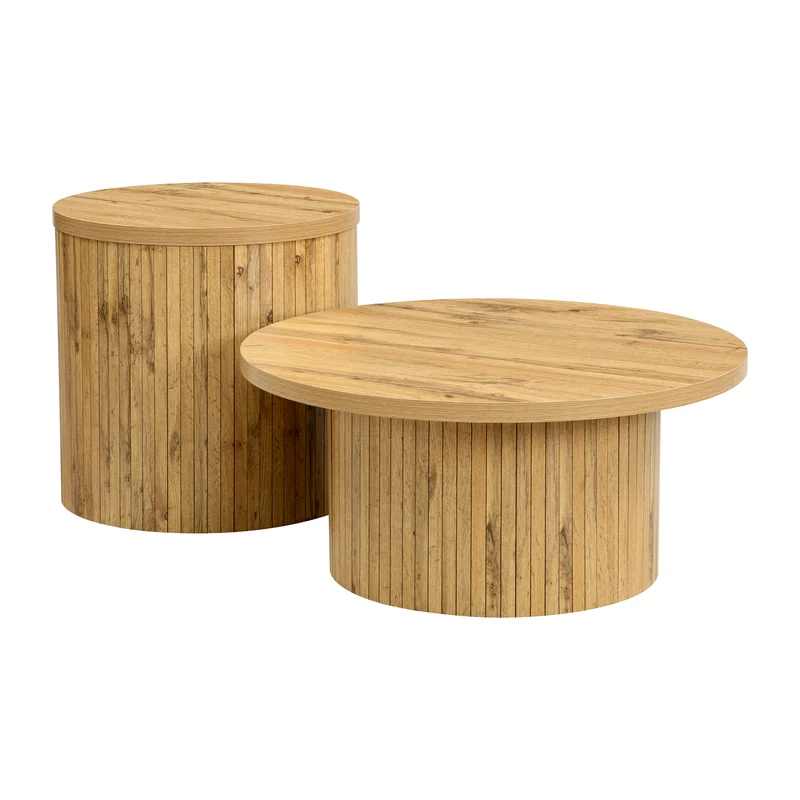 Ensemble de 2 tables basses rondes effet bois naturel base à tasseaux NIMBUSIS