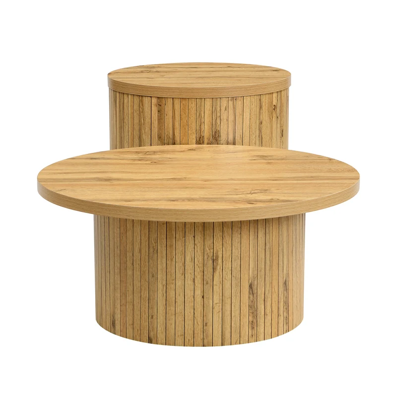 Ensemble de 2 tables basses rondes effet bois naturel base à tasseaux NIMBUSIS