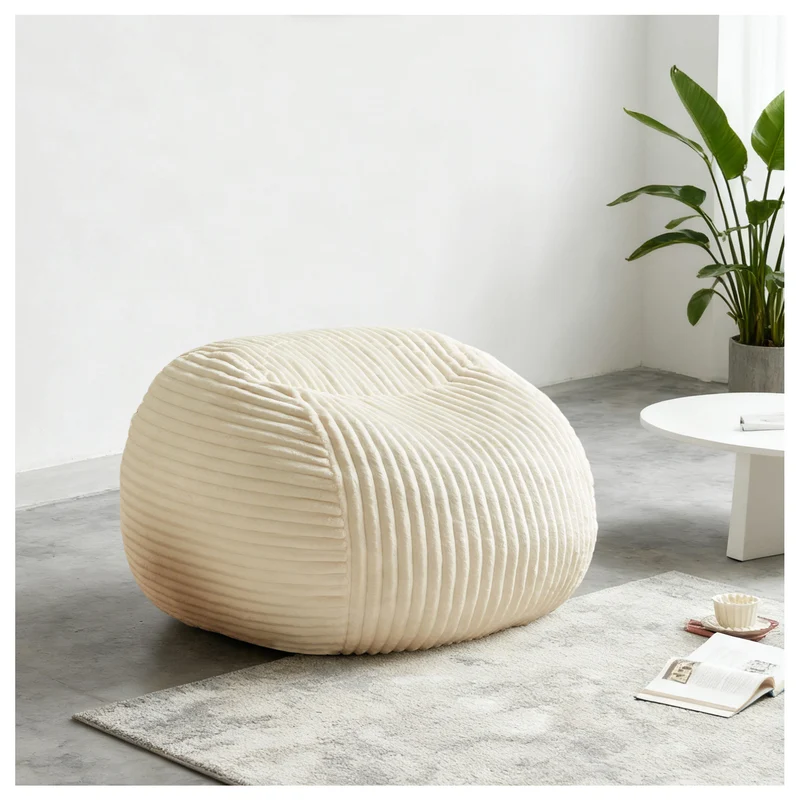 Fauteuil pouf rond en flanelle velours côtelé ultra doux crème 34x34x24cm ECHOITA