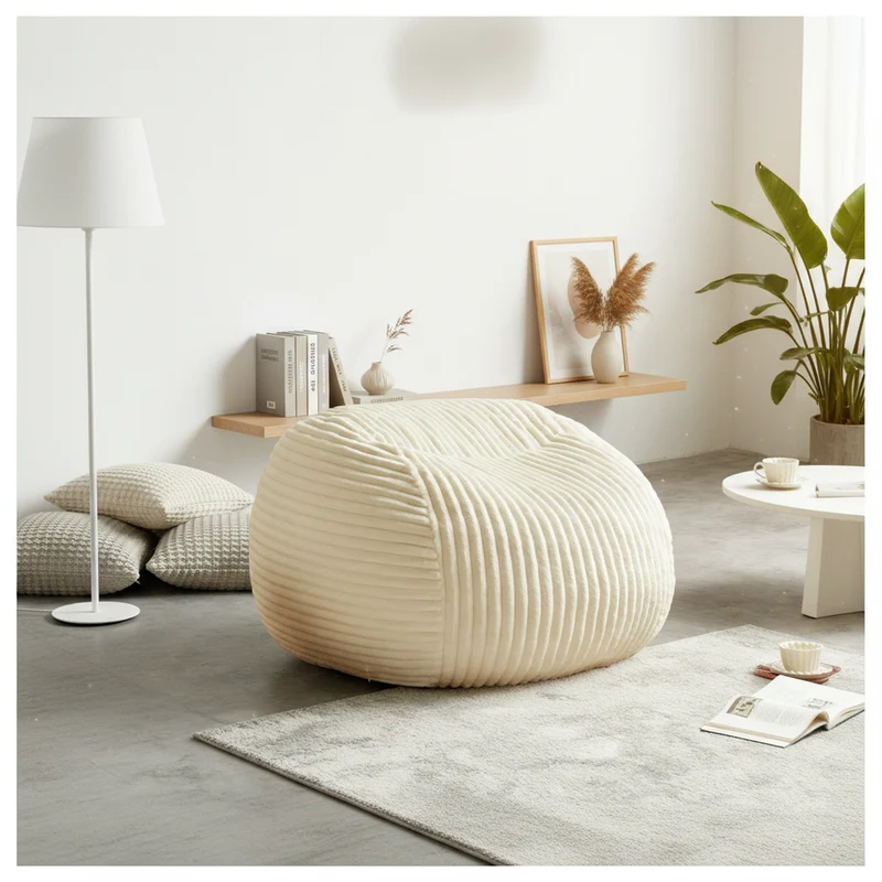 Fauteuil pouf rond en flanelle velours côtelé ultra doux crème 34x34x24cm ECHOITA