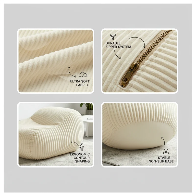 Fauteuil pouf rond en flanelle velours côtelé ultra doux crème 34x34x24cm ECHOITA