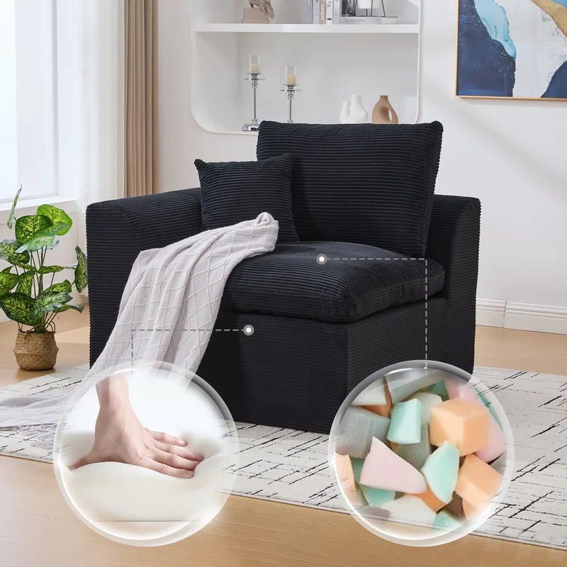 Fauteuil chauffeuse modulable en velours côtelé noir 101x102,5x84cm ZENITHERA