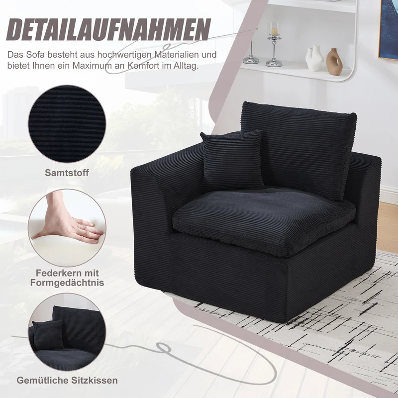 Fauteuil chauffeuse modulable en velours côtelé noir 101x102,5x84cm ZENITHERA