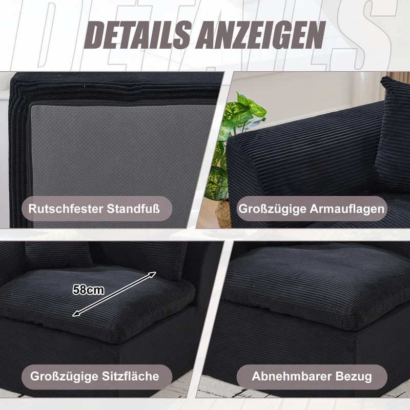 Fauteuil chauffeuse modulable en velours côtelé noir 101x102,5x84cm ZENITHERA