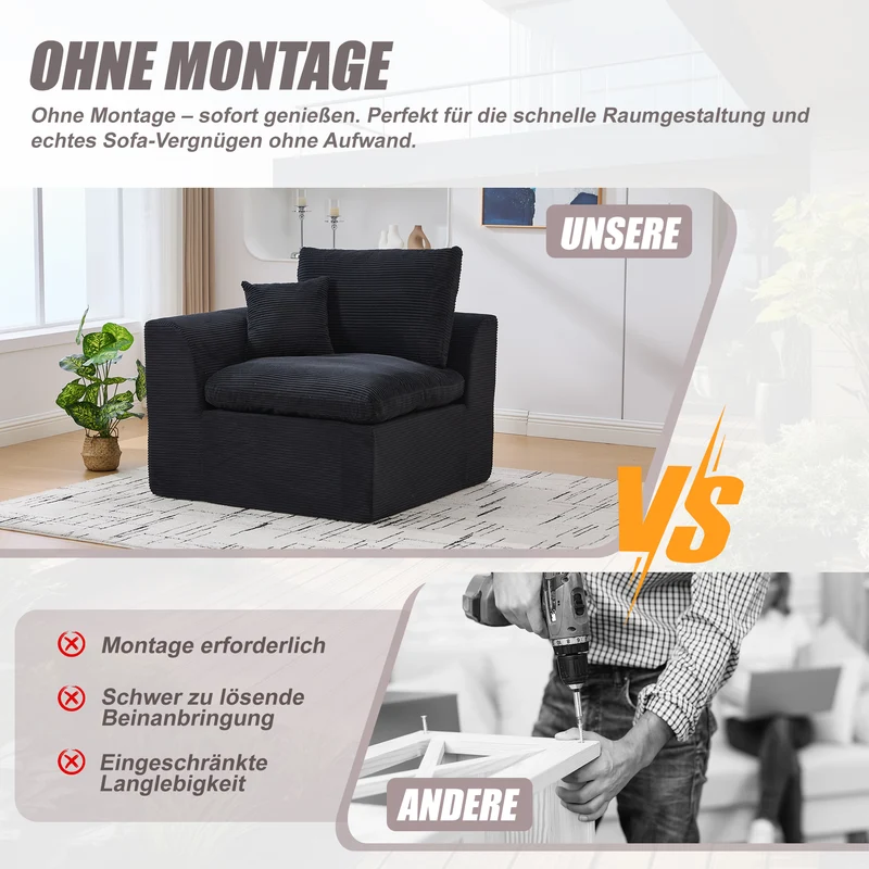 Fauteuil chauffeuse modulable en velours côtelé noir 101x102,5x84cm ZENITHERA