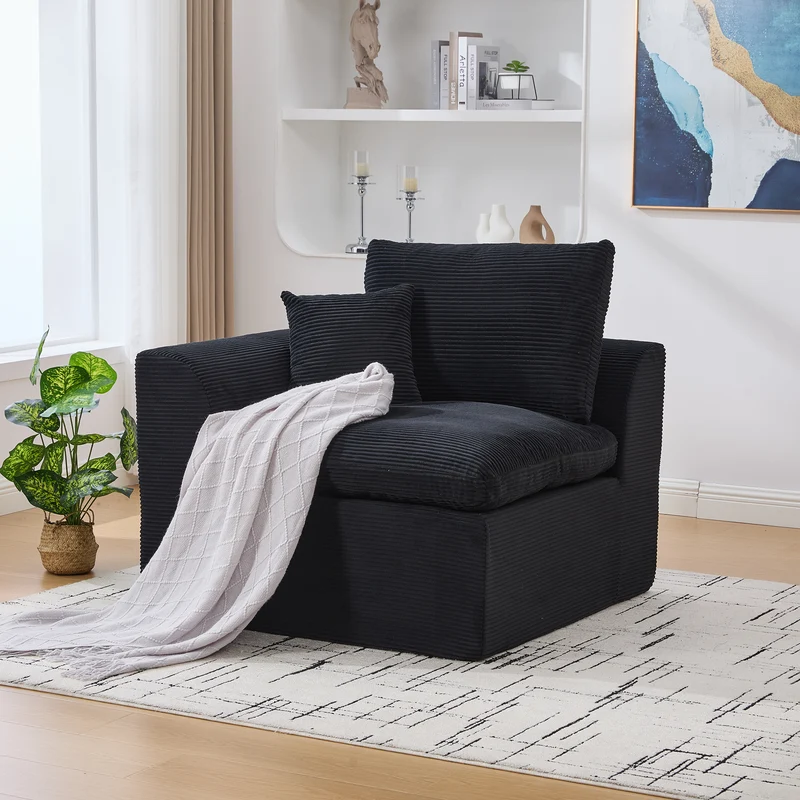 Fauteuil chauffeuse modulable en velours côtelé noir 101x102,5x84cm ZENITHERA